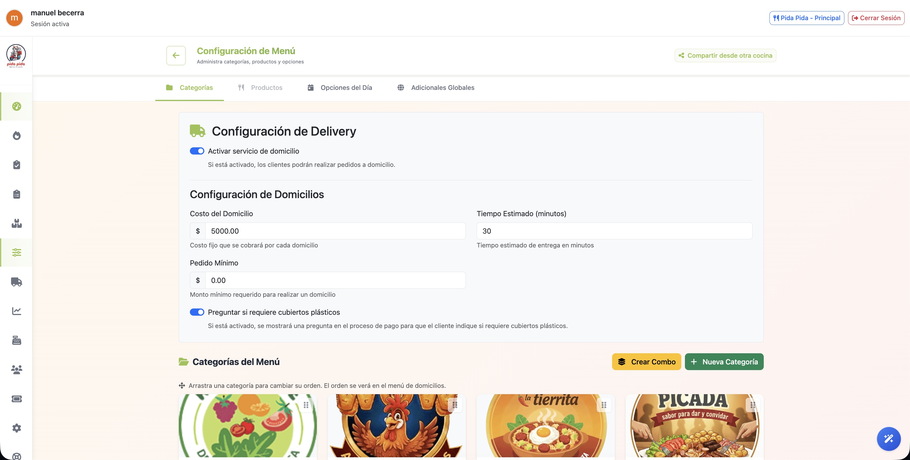 Menú digital con categorías y combos en TableAdmin